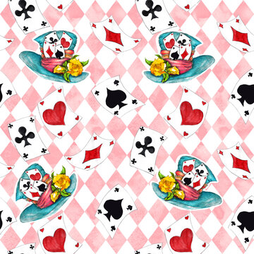 Alice in Wonderland cute bunny and Cheshire cat watercolor objects set seamless pattern