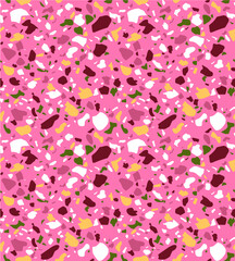 Terrazzo seamless pattern. Vector background in light coral and pink colors. 