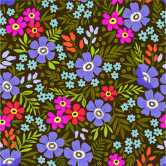 Trendy seamless vector floral pattern. Endless print made of small colorful flowers, leaves and berries. Summer and spring motifs. Dark green background.Vector illustration.