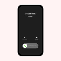 iPhone Call Screen Interface. Incoming Call. Slide To Answer. iPhone iOS Call Screen Template. Smartphone, Phone Call Screen Vector Mockup On White Background