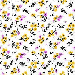 Floral pattern. Pretty flowers on white background. Printing with small yellow flowers. Ditsy print. Seamless vector texture. Spring bouquet.