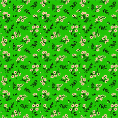 Seamless floral pattern for design. Small beige flowers. Green background. Modern floral texture. A allover floral design in bright colors. The elegant the template for fashion prints.