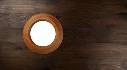  round wooden frame on wooden background with mock up
