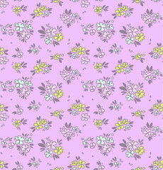 Vector seamless pattern. Pretty pattern in small light flower. Small colorful pastel flowers. Lilac background. Ditsy floral background.  
