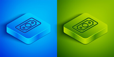 Isometric line Stacks paper money cash icon isolated on blue and green background. Money banknotes stacks. Bill currency. Square button. Vector Illustration