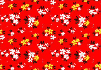 Obraz na płótnie Canvas Floral pattern. Pretty flowers on red background. Printing with small white and yellow flowers. Ditsy print. Seamless vector texture. Spring bouquet.