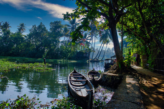 A scenic view of boats in backwaters situated in Allepey town located in Kerala state
