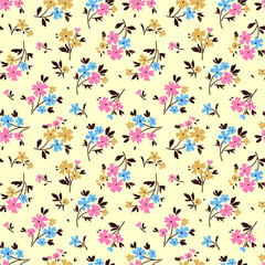 Floral pattern. Pretty flowers on white background. Printing with small blue, pink and yellow flowers. Ditsy print. Seamless vector texture. Spring bouquet.