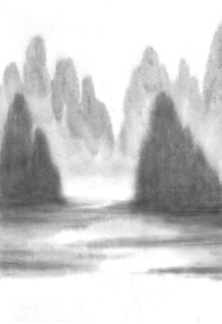 Background with mountains. Ink mountain landscape. Mountains in the fog.Traditional oriental ink painting. Style of mountain, water. Black and white image. Chinese, japanese traditional style.