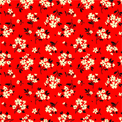 Cute floral pattern in the small flower. Ditsy print. Seamless vector texture. Elegant template for fashion prints. Printing with small white flowers.  Red background.