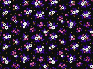 Cute floral pattern in the small flower. Ditsy print. Motifs scattered random. Seamless vector texture. Elegant template for fashion prints. Printing with small white flowers. Dark background.