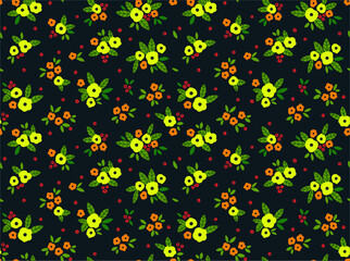 Elegant floral pattern in small yellow and orange flower. Liberty style. Floral seamless background for fashion prints. Ditsy print. Seamless vector texture. Spring bouquet.