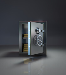 Open safe with gold bars. 3D illustration