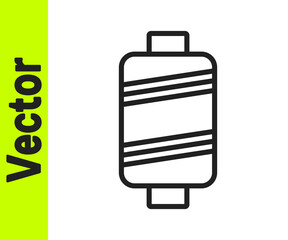Black line Sewing thread on spool icon isolated on white background. Yarn spool. Thread bobbin. Vector Illustration