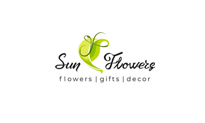 Hand drawn logotype Sun Flowers with green leaf abstract silhouette on white background. For brands flower shop-natural product-organic food-eco. Emblem for invitation, decor. Vector illustration.