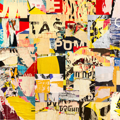 Collage of many numbers and letters ripped torn advertisement street posters grunge creased...