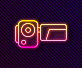 Glowing neon line Cinema camera icon isolated on black background. Video camera. Movie sign. Film projector. Vector Illustration