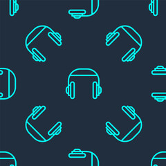 Green line Headphones icon isolated seamless pattern on blue background. Support customer service, hotline, call center, faq, maintenance. Vector Illustration