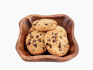 Cookies on wooden bowl on white background.
