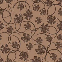 Vector floral seamless pattern. Elegant vintage ornament with small brown flowers on curved branches, twigs. Liberty style millefleurs. Retro abstract background. Repeat design for wallpapers, textile