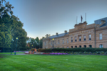 Sunset view of Illuminated parliament house of Tasmania in Hobart, Australia