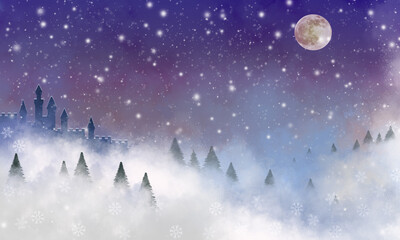 A fairytale castle silhouette on a hill surrounded by fir trees  covered in swirling clouds and snow flakes. With a purple night sky and full moon.