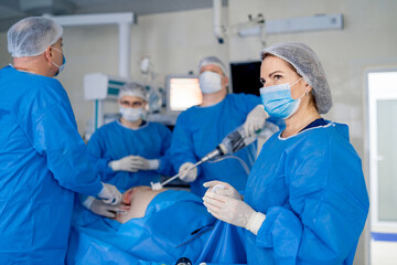 Modern surgical system. Medical robot. Minimally invasive robotic surgery. Da Vinci Surgery.