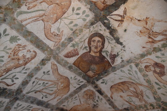 Wall painting in an old desert castle / bath house for caravans, Amman, Jordan