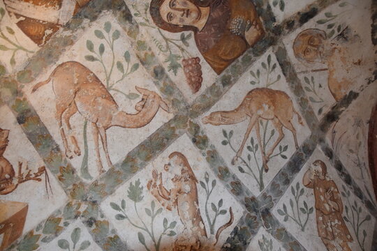 Wall painting in an old desert castle / bath house for caravans, Amman, Jordan
