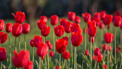 Fototapeta na wymiar Red tulips illuminated by the sun. Selective focus, blurred background.