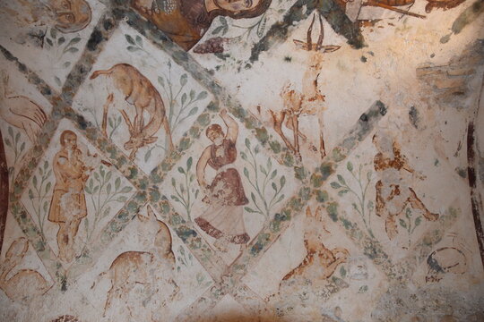 Wall painting in an old desert castle / bath house for caravans, Amman, Jordan