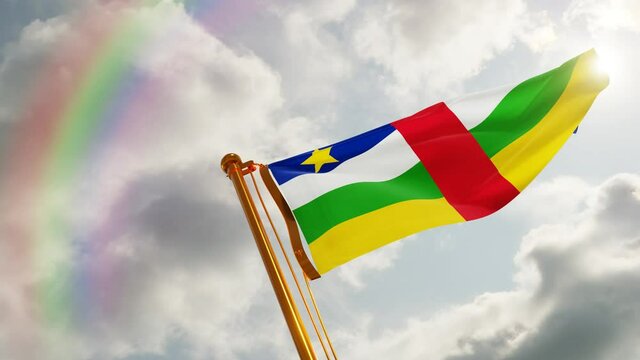 Flag of Central African Republic Waving in the wind, Cloudy and Rainbow Background, Slow Motion, Realistic Animation, 4K UHD 60 FPS Slow-Motion
