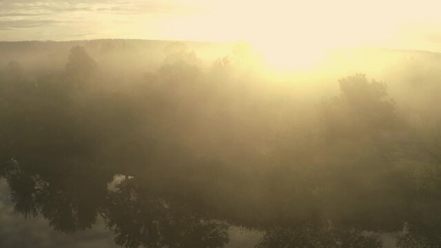 Flying a drone from a river over trees in a mist against sunlight in the early morning in the countryside. High quality 4k footage shot at golden hour.