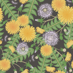 Vector floral seamless pattern with blooming dandelions, blowballs, green leaves. Elegant botanical ornament. Abstract vintage flower background. Summer style. Repeat design for decor, wallpapers