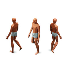 Vector isometric set of low poly man figure walking poses , naked body.  Back and front view.