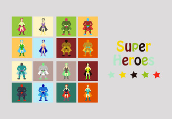 Obraz na płótnie Canvas Superhero actions icon set in cartoon colored style different poses vector illustration