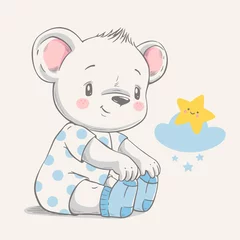 Fototapete Niedliche Tiere Handgezeichnete Vektor-Illustration eines niedlichen Babybären in blauen Socken.