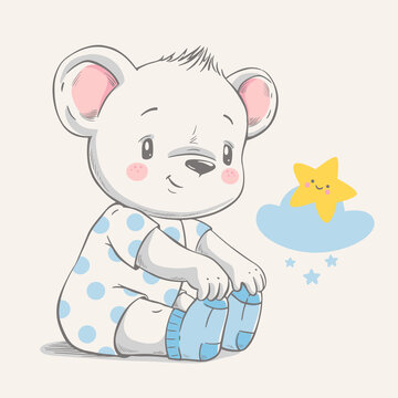 Hand drawn vector illustration of a cute baby bear in blue socks.