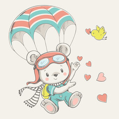 Vector illustration of a cute baby bear parachutist.