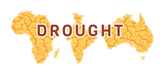 Drought in the world for concept print design. Yellow cracked vector background with text. Desert in Australia, India, Africa. Global earth climate problem. Warning Poster isolated on white backdrop