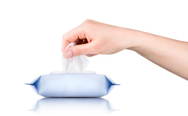 Woman hand use antibacterial wet wipes or tissue isolated on a white background