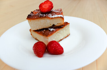 Appetizing Cottage cheese bake cake casserole with strawberries
