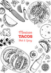 Tacos cooking and ingredients for tacos, sketch illustration. Mexican cuisine frame. Fast food menu design elements. Tacos hand drawn frame. Mexican food