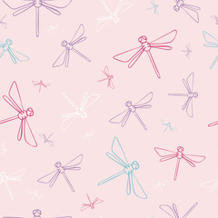 seamless pattern of multi-colored dragonflies of different sizes on a delicate pink background hand-drawn vector stock illustration insect summer