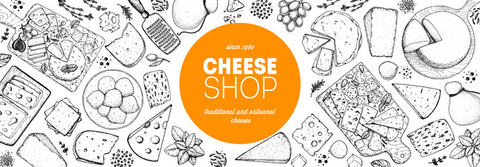 Cheese design template. Hand drawn sketch. Retro food background. Different cheese kinds banner. Dairy farm products cheese.