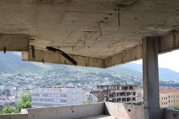 View from the Snipertower of an old damaged building, Mostar, Bosnia and Herzegovina