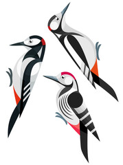 Stylized Birds - White-winged  Woodpecker, Great Spotted Woodpecker and White-backed Woodpecker