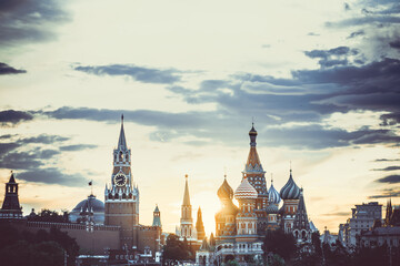 panorama of red square from the river side photographed at sunset