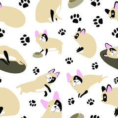 Happy dogs. Little
french bulldog in various poses 
and prints of his paws. Seamless pattern. Flat illustration. 
Transparent background
