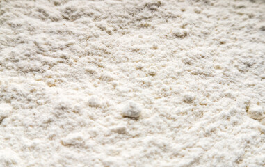 Close up of white flour. Food background. Top view, from above.
